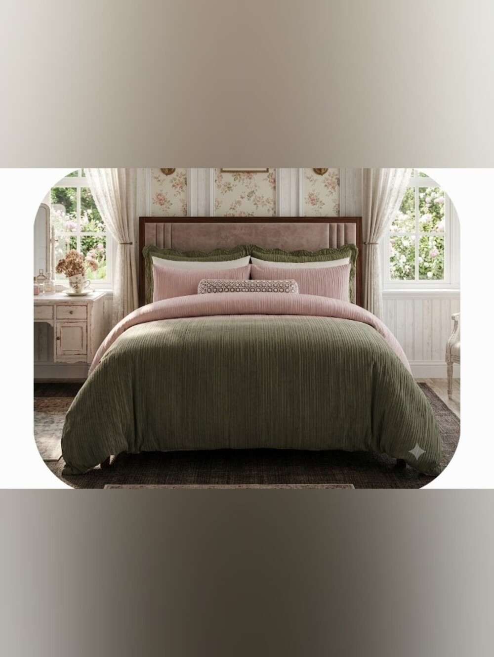 Shabby Chic Comforter Crushed Velvet Ombre Blush Pink Moss Green Set New Queen